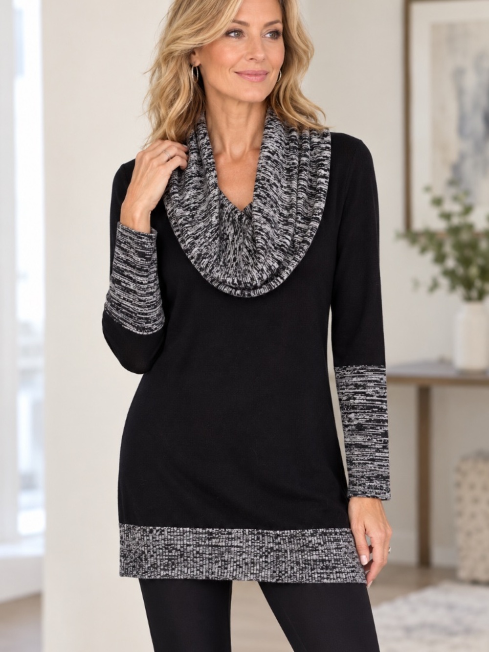 Neiman Marcus Black Tunic with Marled Gray Trim